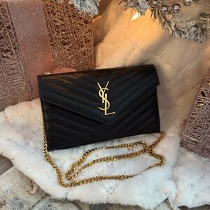 Yves Saint Laurent YSL Black Chevron Clutch with Gold Chain